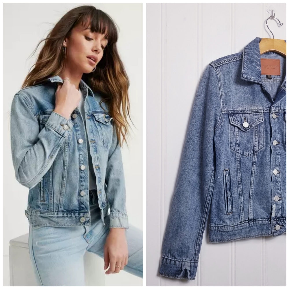 NWT Lucky Brand Denim Jacket S Distressed Trucker Jean Jacket Washed Blue Cotton